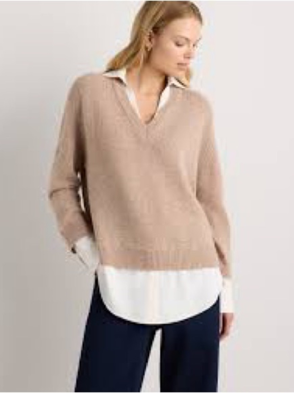 Quince Cashmere V‑Neck Sweater with Cream Layered Shirt - Picture 4 of 4